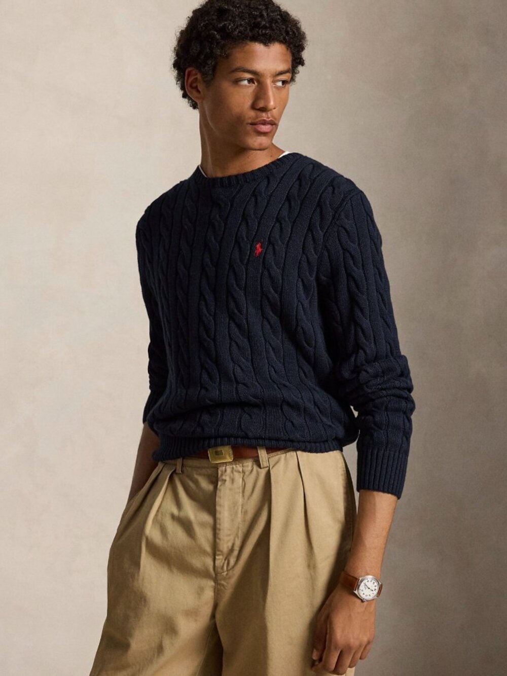 👕 Polo Ralph Lauren Cable Knit Crew Neck Sweater Hunter Navy Red Large Cotton👕